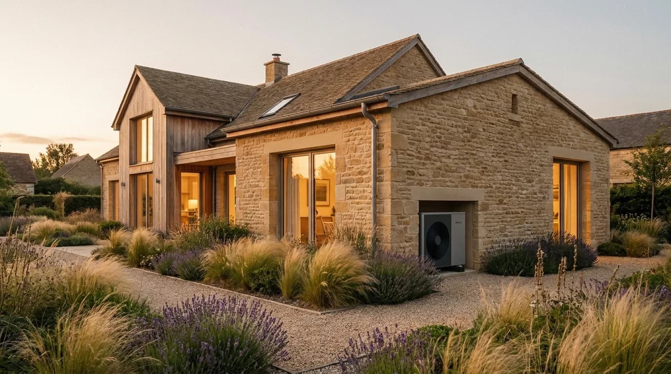 Maison en pierre rénovée à la tombée du jour, équipée d'une pompe à chaleur en façade, jardin de graminées et de lavande.