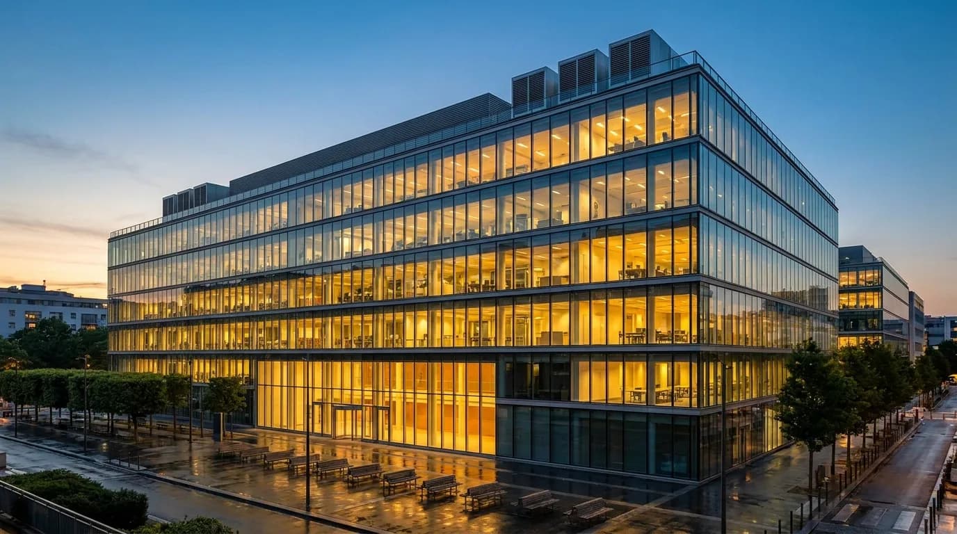 Immeuble de bureaux moderne à la tombée du jour, avec ses installations de climatisation en toiture.