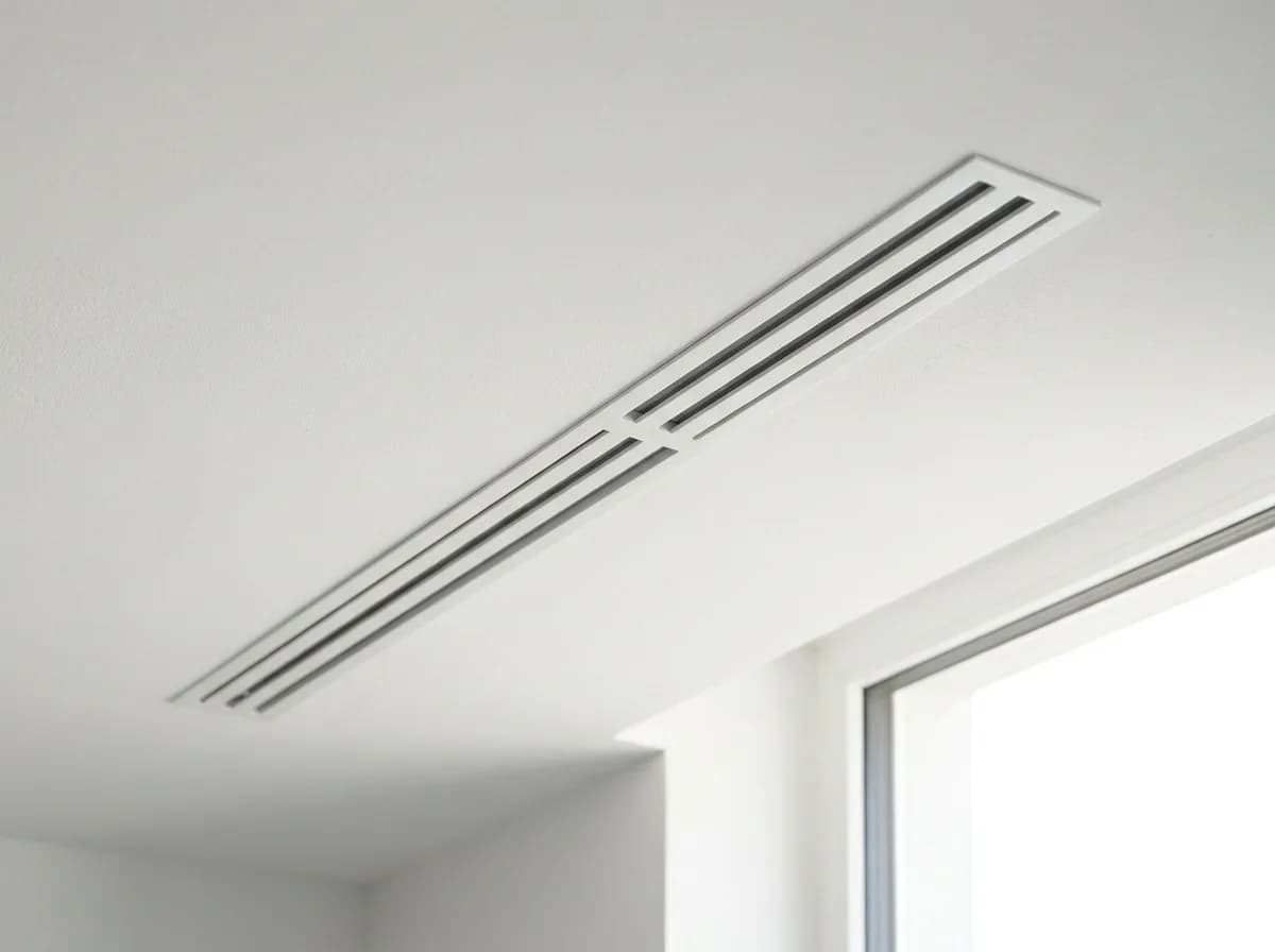 Grille de soufflage linéaire intégrée dans un faux plafond.