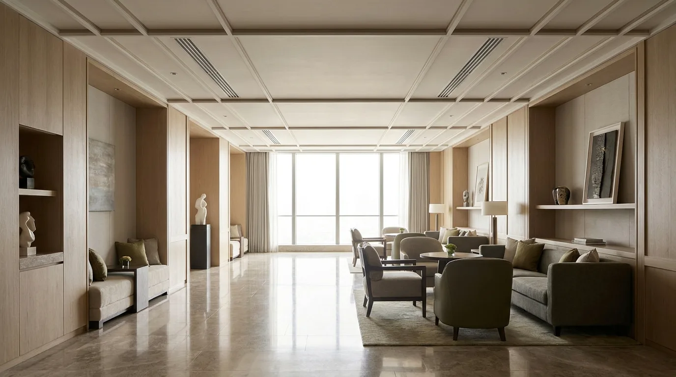 Grilles de soufflage linéaires discrètes intégrées au plafond d'un intérieur raffiné.