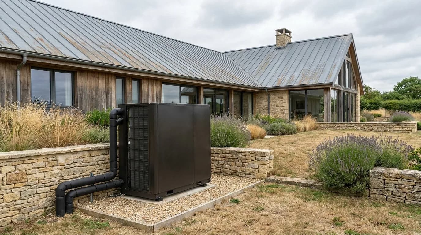 Pompe à chaleur air/eau installée à l'extérieur d'une maison, liaisons calorifugées.