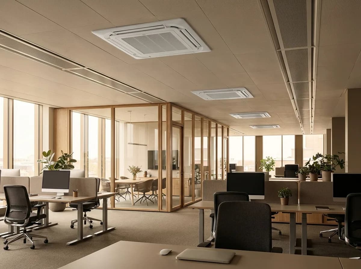 Terminaux de climatisation intégrés au plafond d'un plateau de bureaux.