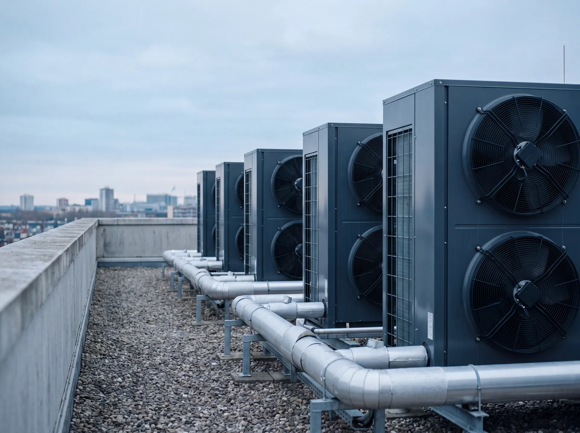 Groupes extérieurs VRF alignés en toiture d'un immeuble de bureaux.