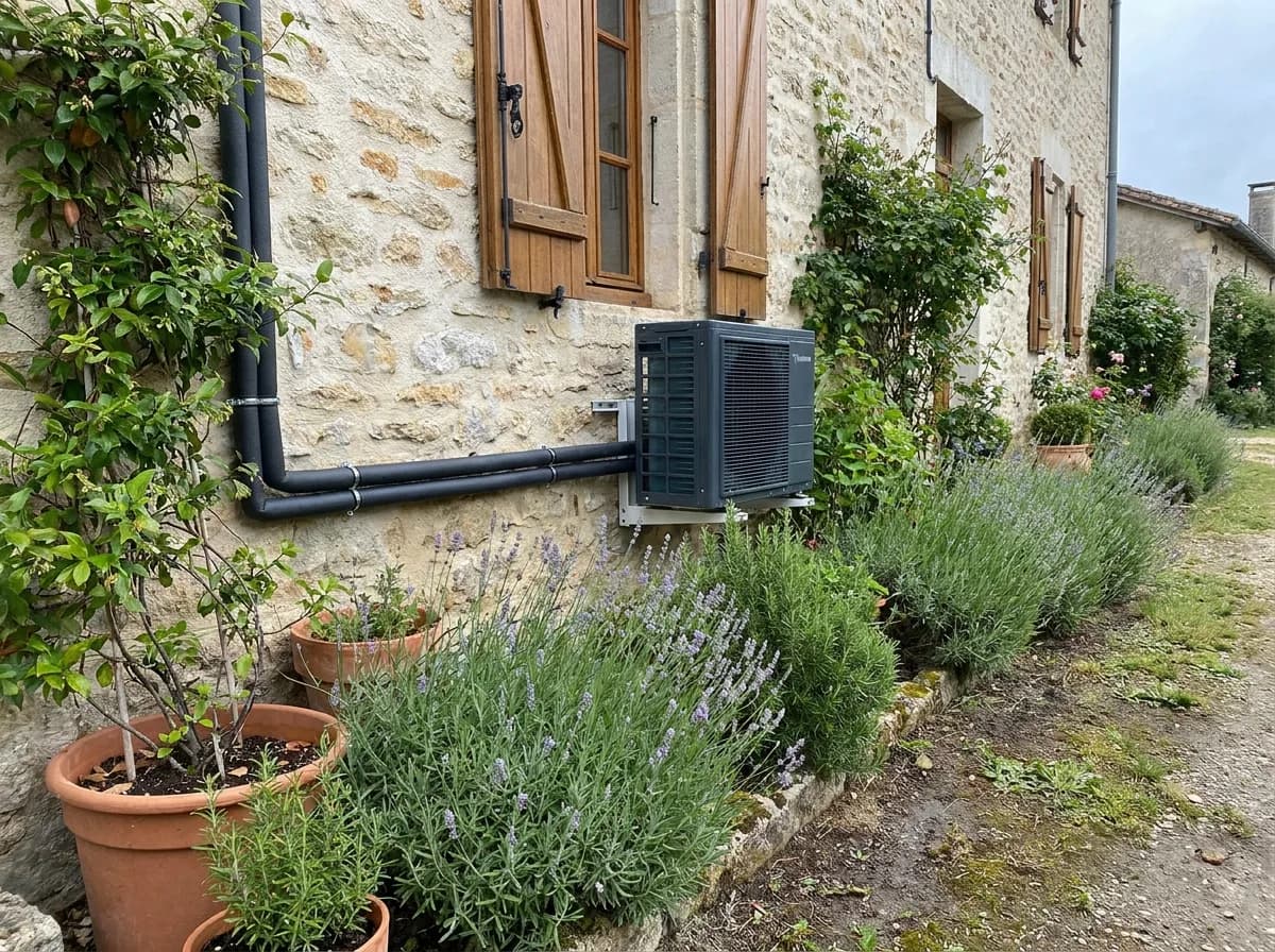 Unité extérieure de climatisation installée sur la façade d'une maison.
