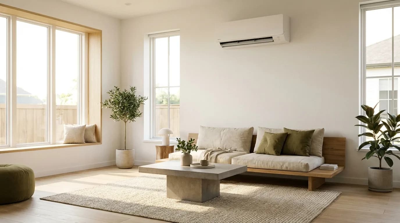 Séjour contemporain lumineux équipé d'une unité murale de climatisation réversible.