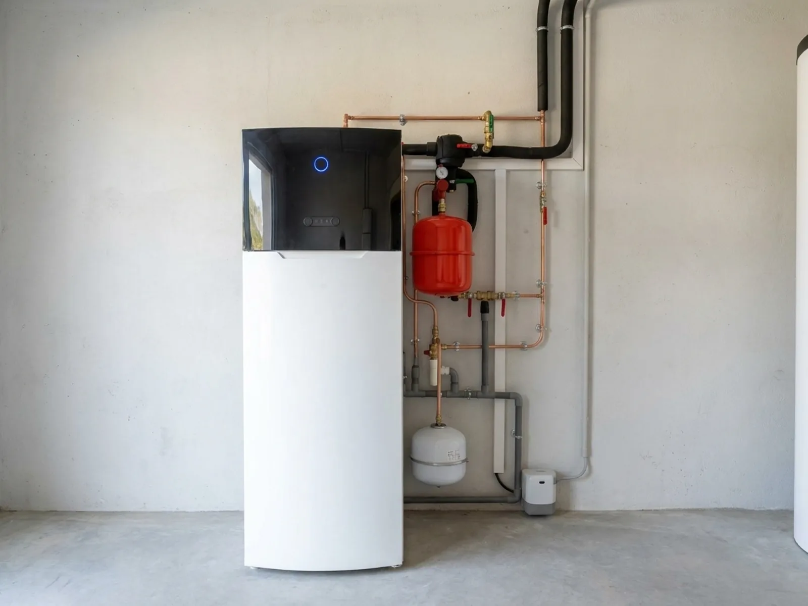 Module intérieur d'une pompe à chaleur air/eau installée par Climprotech, avec vase d'expansion et raccordements hydrauliques.