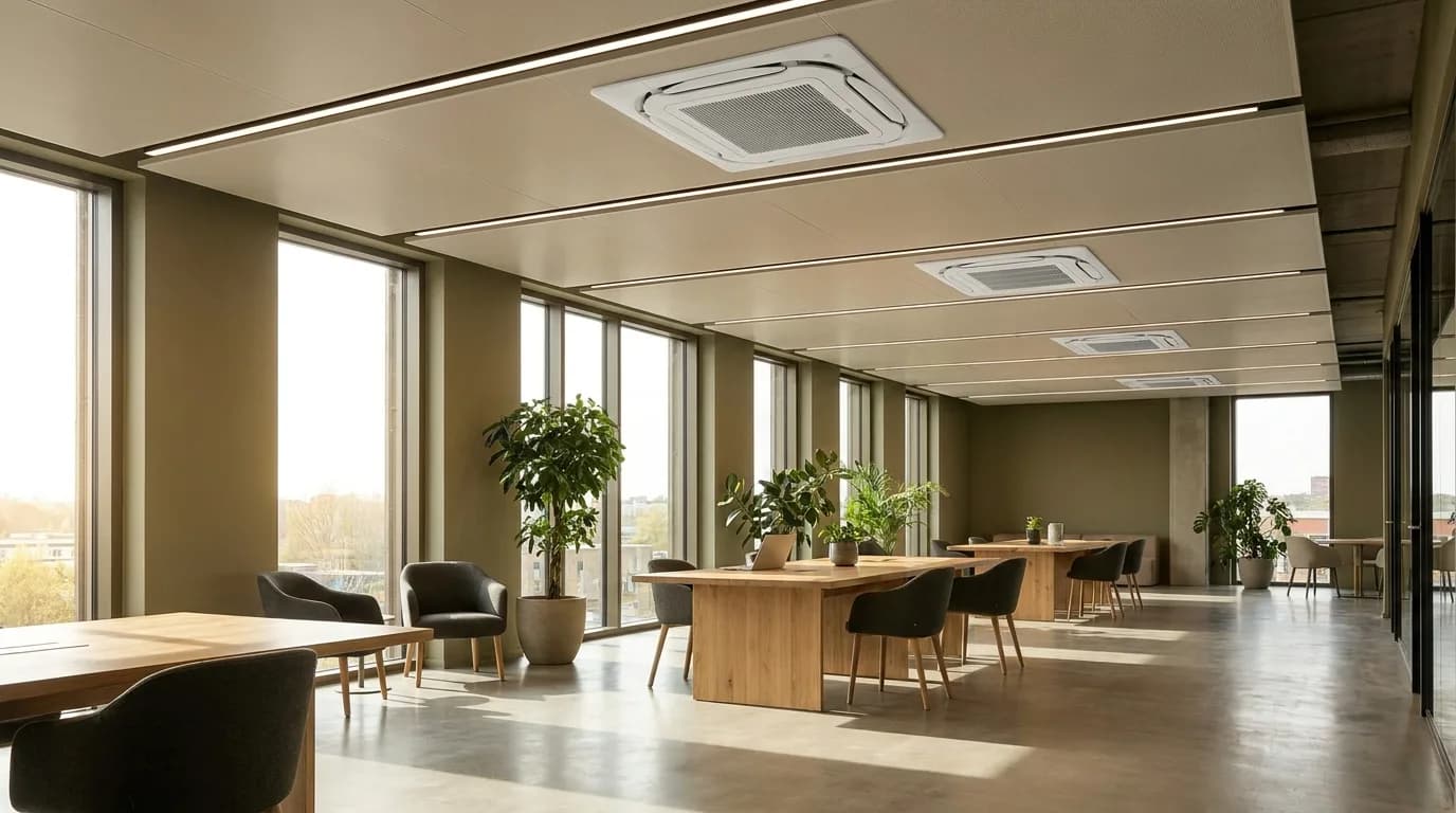 Espace professionnel contemporain climatisé par cassettes de plafond encastrées.